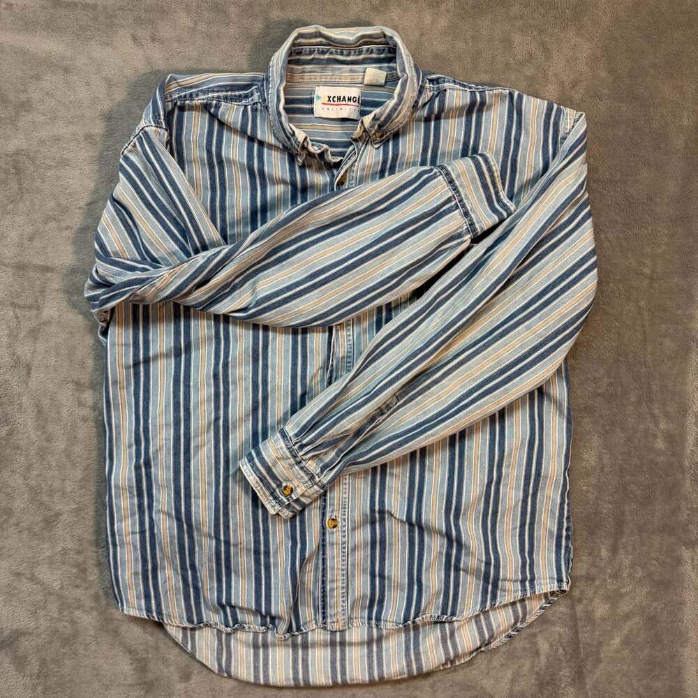 Exchange Unlimited Vintage Blue Striped Long Sleeve Button Up Denim Shirt